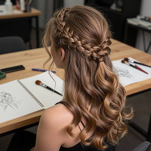 Photograph of a woman with intricate braided updo, loose curls, seated at a wooden table with sketchbook and brushes.
