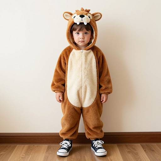 Photograph of a young child standing in a plain room, wearing a brown and cream bear costume with a cute bear face hood, black sneakers, and