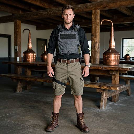 Photograph of a serious, muscular man in tactical gear with brown boots, standing in a rustic copper kitchen with wooden beams.
