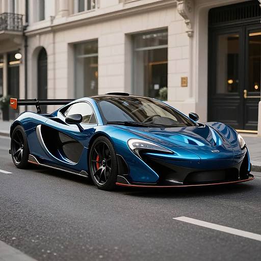 Photograph of a sleek, blue, high-performance sports car with a large rear spoiler, black wheels, and red brake calipers driving on a city