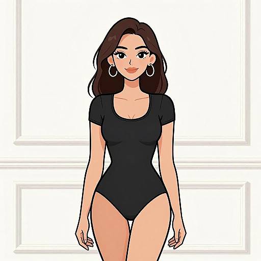 Digital illustration of a confident, dark-haired woman with hoop earrings, wearing a black, short-sleeve bodysuit, standing against a minimalistic