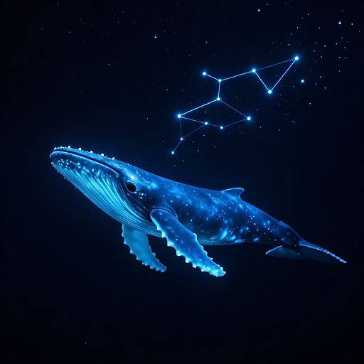 Digital illustration of a glowing blue whale with intricate bioluminescent patterns, swimming amidst a starry night sky with a constellation.