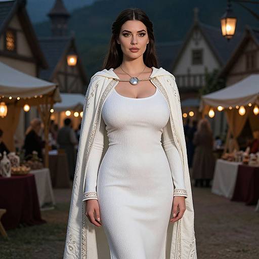 Photograph of a dark-haired woman in a form-fitting white dress and white, embroidered cape, standing confidently at an evening market with lit lanterns