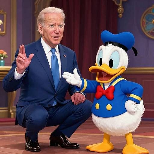 Photograph of elderly man in navy suit and tie kneeling beside Donald Duck in blue sailor outfit, pointing, in ornate room.