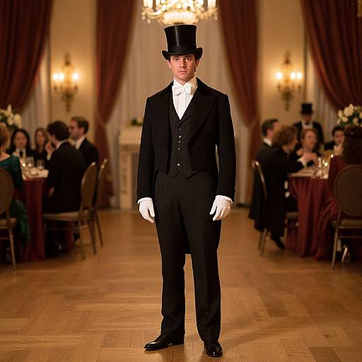 Photograph of a man in a black pinstripe suit, white shirt, black tie, top hat, and white gloves, standing in an elegant