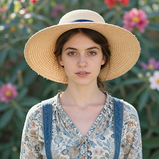 Photograph of a young woman with fair skin, brown eyes, and brown hair, wearing a wide-brimmed straw hat and floral blouse, standing
