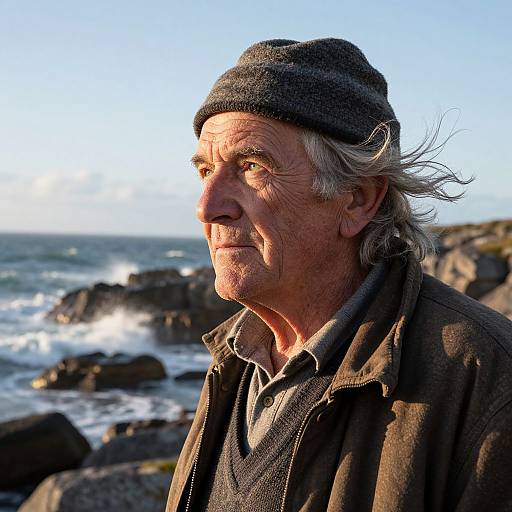 Photograph of an elderly man with gray hair and beard, wearing a gray flat cap and brown jacket, standing by a rocky ocean shoreline under a clear