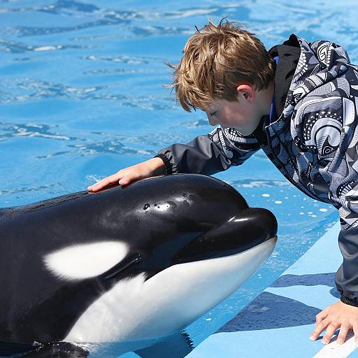 Boy Touching Orca Whale in Pool