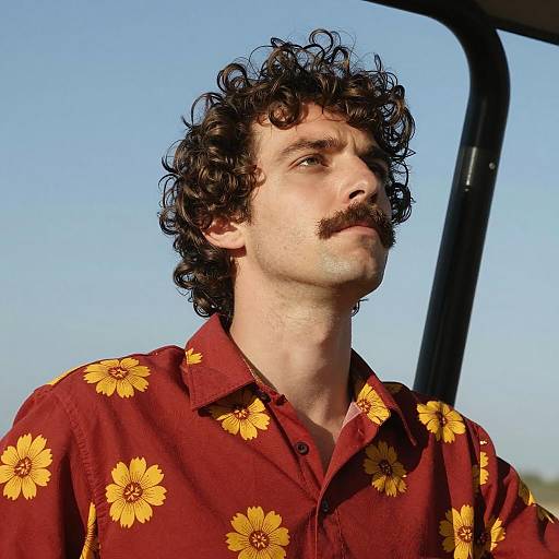 Man with Curly Hair Wearing Floral Shirt Outdoors