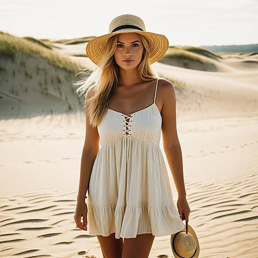 Young Woman in Cream Sundress on Sandy Beach