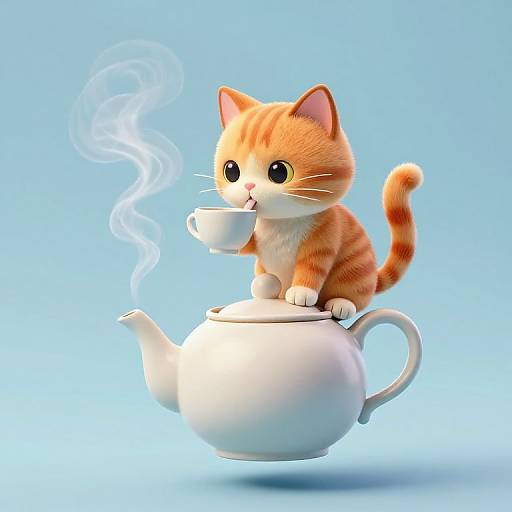 Digital illustration of a cute, orange tabby kitten with wide eyes, sitting on a white teapot, drinking from a steaming cup. Blue gradient