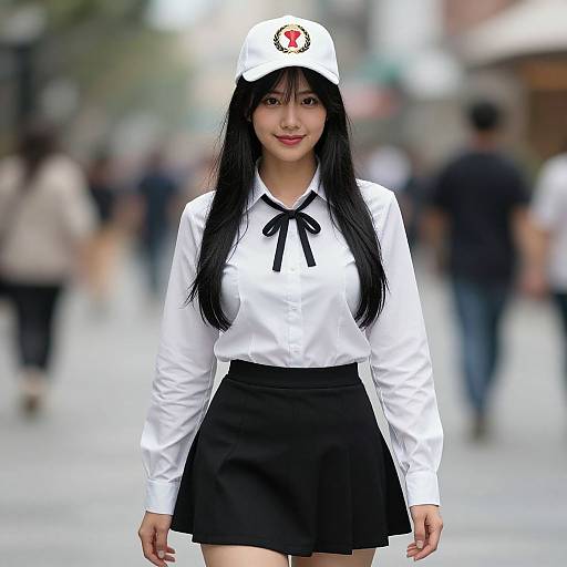 Photograph of an Asian woman with long black hair, wearing a white cap, white blouse with black ribbon, and black skirt, standing in a blurred