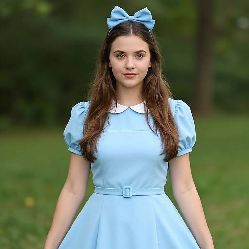 Photograph of a young woman with long brown hair, wearing a light blue Alice in Wonderland-style dress and matching bow, standing in a green, blurred