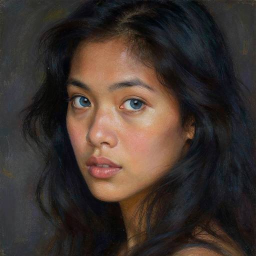 Photorealistic digital portrait of a young Asian woman with long black hair, large blue eyes, and light brown skin, against a dark background.