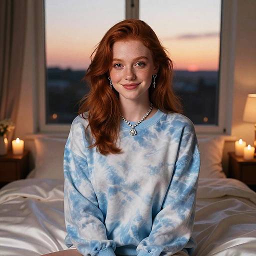 Photograph of a red-haired woman with fair skin, wearing a blue tie-dye sweater, sitting on a bed at sunset, candles lit in the