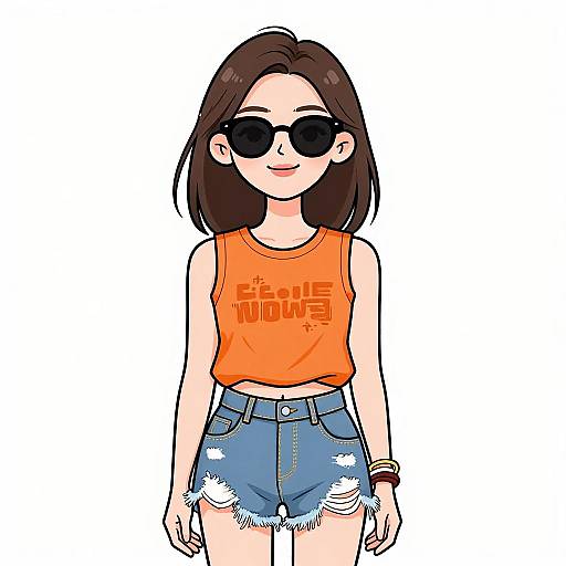 Digital illustration of a young woman with brown hair, wearing black sunglasses, an orange 