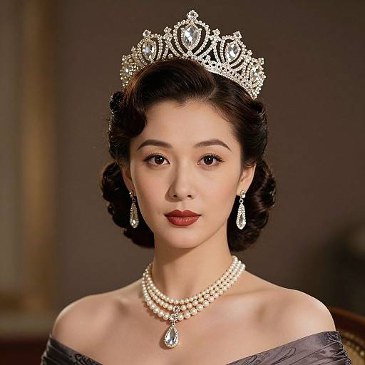 Photograph of an elegant Asian woman with dark hair in vintage curls, wearing a glittering tiara, pearl necklace, and earrings, with off-the