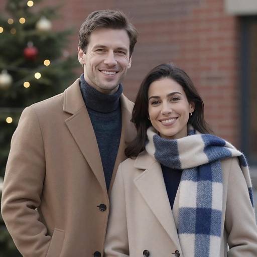 Smiling Couple Outdoors with Christmas Lights