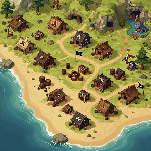 Digital pixel art of a seaside pirate village with wooden huts, barrels, pirate flags, and a small blue pond.