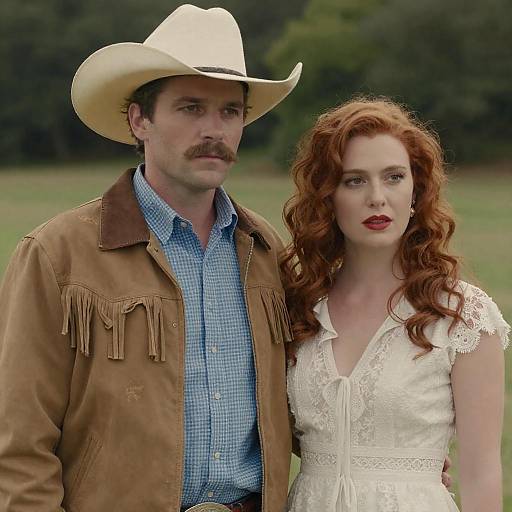 Photograph of a mustached man in a cowboy hat and brown fringed jacket, standing beside a red-haired woman in a white lace dress, outdoors
