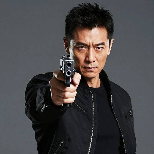 Photograph of an intense Asian man with short black hair, wearing a black jacket and black shirt, pointing a handgun directly at the camera against a gray