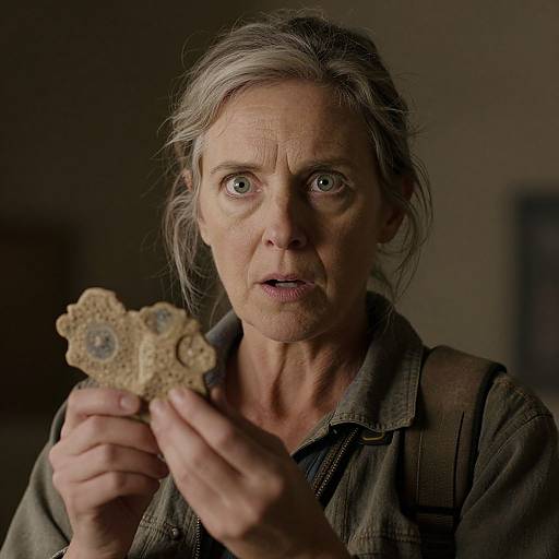 Photograph of an older woman with gray hair, wide-eyed expression, holding a shaped cookie in a dimly lit room, wearing a green jacket.