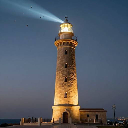 Photograph of a illuminated lighthouse at twilight, with a beam of light cutting through the dark blue sky, birds flying, and a fence surrounding the