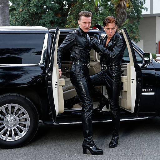 Photograph of two men in black, shiny leather outfits standing by open doors of a black SUV, with trees and a building in the background. Both