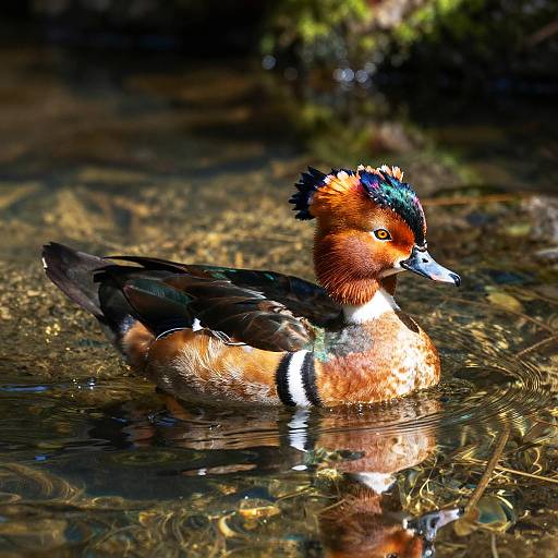 Vibrant male wood duck with iridescent head and chest, floating in clear, sunlit water with reflections, surrounded by dark, blurred background