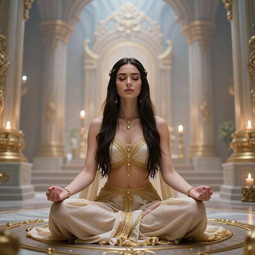 Digital artwork of a serene, dark-haired woman in golden and white meditation attire, seated cross-legged in a glowing, ornate temple.