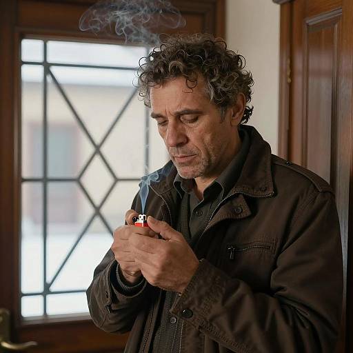 Serious Man with Lighter by Door