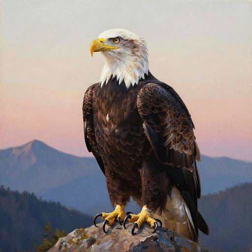 Photograph of a majestic bald eagle with a white head, yellow beak, and dark brown feathers, perched on a rock against a mountainous