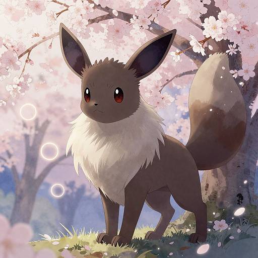 Digital illustration of an Eevee, a Pokémon, standing under cherry blossom trees with glowing petals and soft sunlight, creating a magical, springtime atmosphere