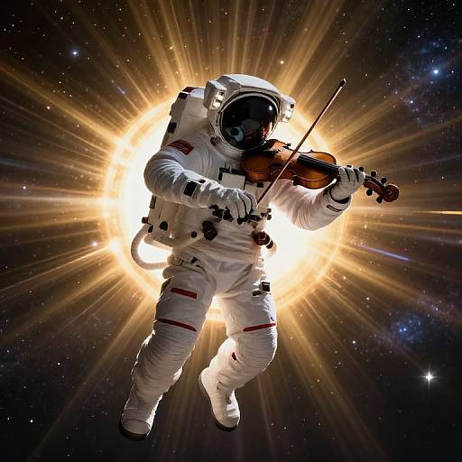Photorealistic image of an astronaut in a white spacesuit playing a violin, surrounded by a radiant, glowing sunburst against a starry space background