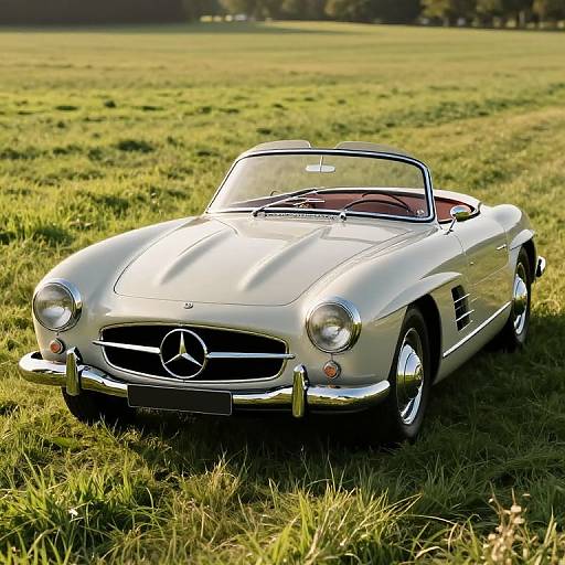 Photograph of a shiny silver classic Mercedes convertible with red interior, parked on lush green grass, sunlight enhancing its sleek curves.