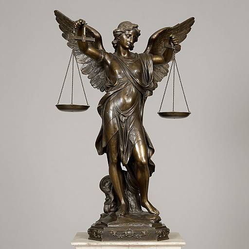 Bronze statue of winged Justice holding balanced scales in each hand, draped in flowing garment, standing on ornate pedestal.