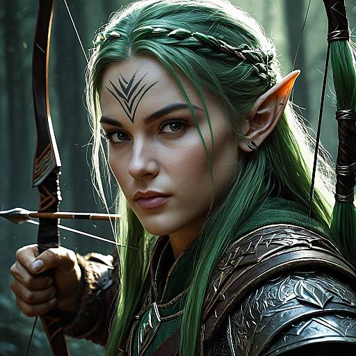 Elven Archer with Green Hair and Bow