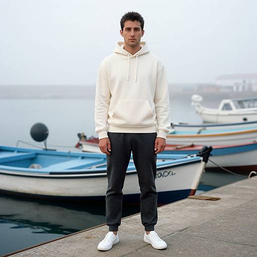 Photograph of a young man with short black hair, wearing a white hoodie, black pants, and white sneakers, standing on a pier with several colorful