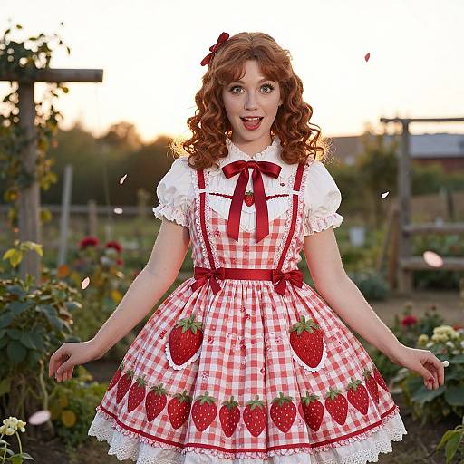 Photograph of a fair-skinned, curly red-haired woman in a red and white strawberry-patterned vintage dress, smiling outdoors in a garden at sunset