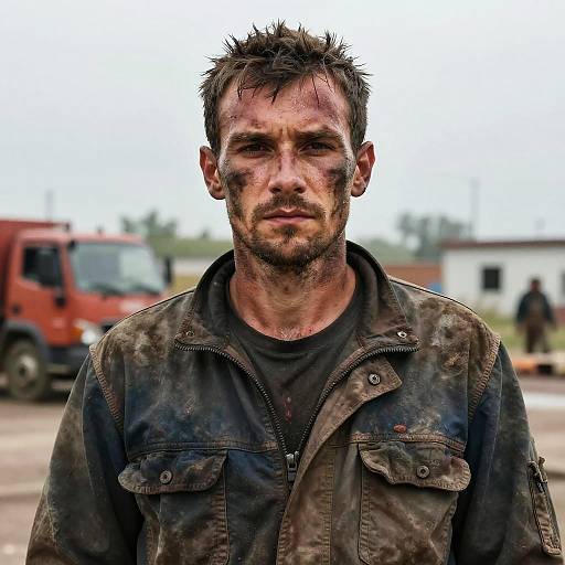Photograph of a dirty, disheveled man with spiky hair, dark beard, mud on face, wearing a stained leather jacket and black shirt