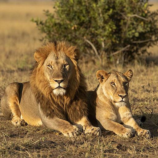 Two Lions Resting in Sunlit Savanna