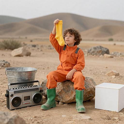 Child in Colorful Attire on Rock