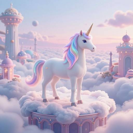 Digital art of a glowing, white unicorn with a pastel rainbow mane and tail, standing on a cloud pedestal in a whimsical, pink and blue