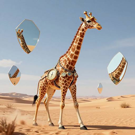 Digital art of a giraffe in a desert, adorned with jewelry, with four floating, fragmented mirrors reflecting its image. Clear blue sky and sandy d
