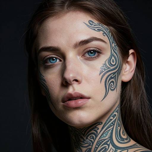 Photograph of a fair-skinned woman with striking blue eyes, dark brown hair, and intricate black tribal tattoos on her face and neck, set against