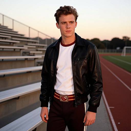 Photograph of a young, handsome Caucasian man with short brown hair, wearing a black leather jacket, white t-shirt, black pants, and a red