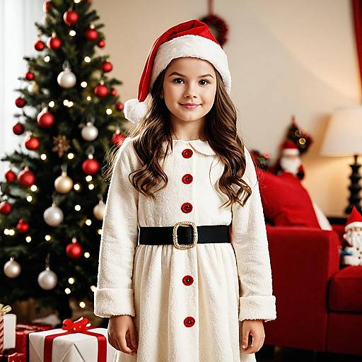 Girl in Santa's Helper Costume by Christmas Tree