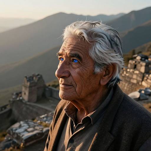 Wise Elder Amidst Misty Mountain Ruins