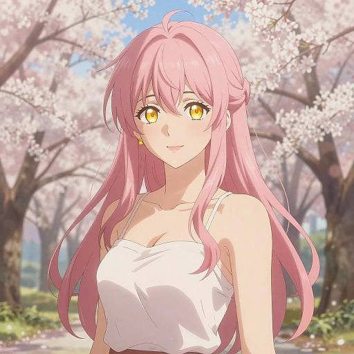 Digital anime drawing of a pink-haired woman with golden eyes, wearing a white tank top, standing in a cherry blossom-filled park.