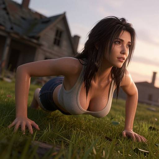 Photorealistic CGI of a wet, black-haired woman with large breasts in a white tank top and denim shorts, crawling on grass in front of a